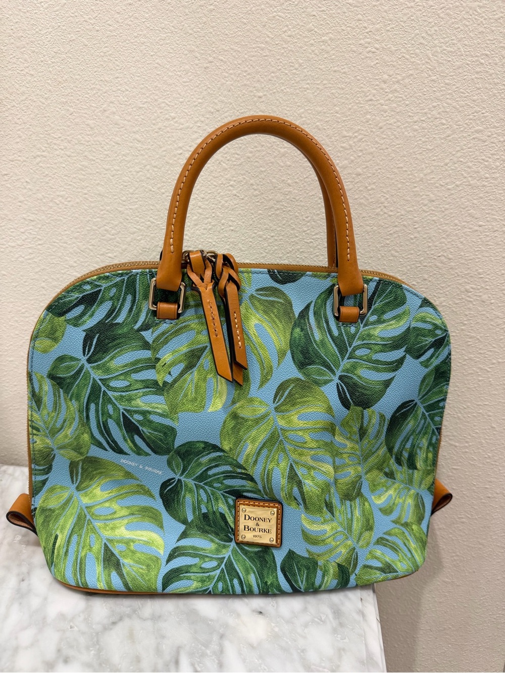 Dooney & Bourke Green Tropical Leaf Satchel with Tan Leather Trim Summer